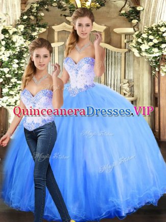 Sleeveless Tulle Floor Length Lace Up Vestidos de Quinceanera in Blue with Beading