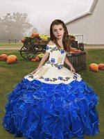Sleeveless Floor Length Embroidery and Ruffles Lace Up Evening Gowns with Royal Blue