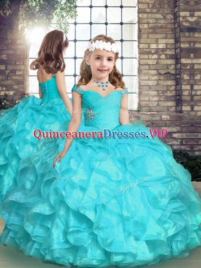 Aqua Blue Organza Lace Up Girls Pageant Dresses Sleeveless Floor Length Beading and Ruffles - Click Image to Close