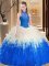 Blue And White Ball Gowns Tulle High-neck Sleeveless Lace and Appliques and Ruffles Floor Length Backless 15th Birthday Dress