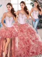 Chic Three Pieces Sweet 16 Quinceanera Dress Watermelon Red Scoop Organza Sleeveless Floor Length Clasp Handle