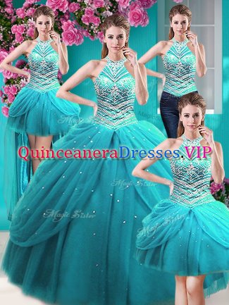 Sweet Four Piece Tulle Halter Top Sleeveless Lace Up Beading and Pick Ups Sweet 16 Quinceanera Dress in Aqua Blue