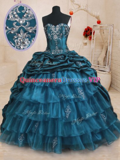 Sleeveless Organza and Taffeta With Train Sweep Train Lace Up Sweet 16 Quinceanera Dress in Teal with Beading and Appliques and Ruffled Layers and Pick Ups - Click Image to Close