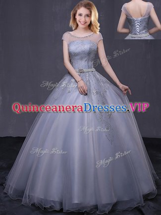 Most Popular Scoop Cap Sleeves Beading and Belt Lace Up 15th Birthday Dress
