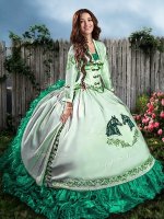 Custom Designed Turquoise Ball Gowns Sweetheart Sleeveless Satin and Organza Floor Length Lace Up Embroidery and Ruffles Vestidos de Quinceanera