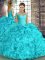 Great Off The Shoulder Sleeveless Ball Gown Prom Dress Floor Length Beading and Ruffles Aqua Blue Organza