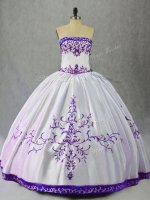 White And Purple Satin Lace Up Scoop Sleeveless Floor Length Quinceanera Dress Embroidery