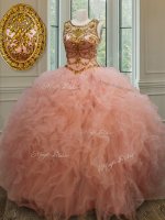 Stunning Scoop See Through Peach Lace Up Vestidos de Quinceanera Beading and Ruffles Sleeveless Floor Length