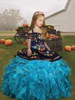 Latest Aqua Blue Ball Gowns Organza Straps Sleeveless Embroidery and Ruffles Floor Length Lace Up Child Pageant Dress