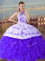 Blue Lace Up Halter Top Embroidery and Ruffles Quinceanera Dresses Organza Sleeveless Court Train