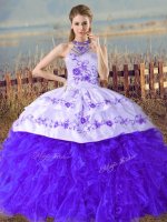 Blue Lace Up Halter Top Embroidery and Ruffles Quinceanera Dresses Organza Sleeveless Court Train