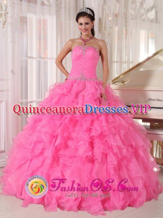 Salem Massachusetts/MA Strapless Beaded Decorate With Inexpensive Rose Pink Quinceanera Dress Custom Made with Ruffles Ball Gown