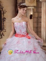 Springfield Pennsylvania/PA Brand New White Quinceanera Dress For Strapless Organza Embroidery And Sash Decorate Up Bodice Ruffles Ball Gown