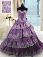 Sleeveless With Train Beading and Appliques and Ruffled Layers Lace Up 15th Birthday Dress with Purple