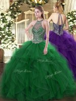 Glittering Green Organza Lace Up Sweet 16 Dresses Sleeveless Floor Length Beading and Ruffles