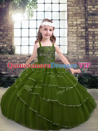 Trendy Olive Green Ball Gowns Beading and Ruffled Layers Little Girls Pageant Dress Lace Up Tulle Sleeveless Floor Length