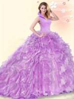 Pretty Lilac Sleeveless Organza Brush Train Backless Quinceanera Dress for Military Ball and Sweet 16 and Quinceanera