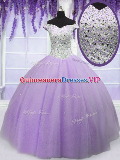 Ball Gowns 15th Birthday Dress Lavender Off The Shoulder Tulle Short Sleeves Floor Length Lace Up - Click Image to Close