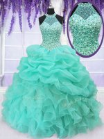 Fine Halter Top Aqua Blue Sleeveless Floor Length Beading and Ruffles and Pick Ups Lace Up 15th Birthday Dress