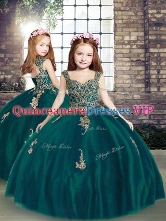 Popular Floor Length Lace Up Kids Formal Wear Peacock Green for Party and Wedding Party with Appliques