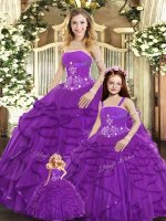 Purple Lace Up Strapless Beading and Ruffles 15th Birthday Dress Tulle Sleeveless