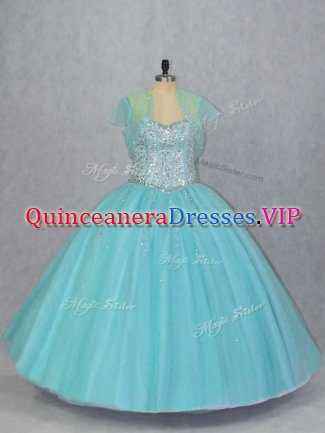 Clearance Floor Length Aqua Blue Quinceanera Dress Tulle Sleeveless Beading