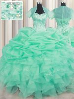 Beading and Ruffles and Pick Ups Quinceanera Dress Apple Green Lace Up Sleeveless Floor Length