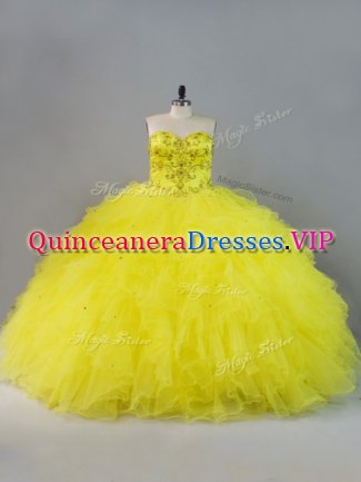 Sumptuous Yellow Sweetheart Lace Up Beading and Ruffles Quinceanera Dresses Sleeveless