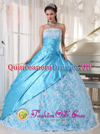 Hailsham East Sussex Sweet Strapless Aqua Blue Lace and Hand flower Decorate Quinceanera Dress For Taffeta Ball Gown