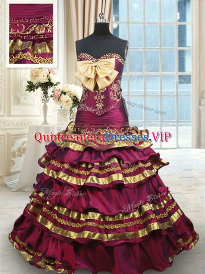 With Train Burgundy Sweet 16 Quinceanera Dress Taffeta Brush Train Sleeveless Beading and Ruffled Layers and Bowknot - Click Image to Close