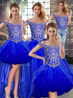 Beautiful Royal Blue Tulle Lace Up Off The Shoulder Sleeveless Floor Length Sweet 16 Quinceanera Dress Beading and Ruffles
