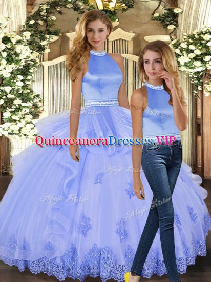 Stylish Tulle Halter Top Sleeveless Backless Beading and Appliques Vestidos de Quinceanera in Lavender - Click Image to Close