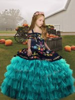 Teal Organza Lace Up Child Pageant Dress Sleeveless Floor Length Embroidery and Ruffled Layers