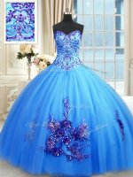 Shining Floor Length Blue Quinceanera Gown Tulle Sleeveless Beading and Appliques and Embroidery