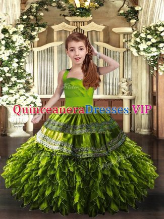 Classical Straps Sleeveless Little Girl Pageant Gowns Floor Length Ruffles Olive Green Organza