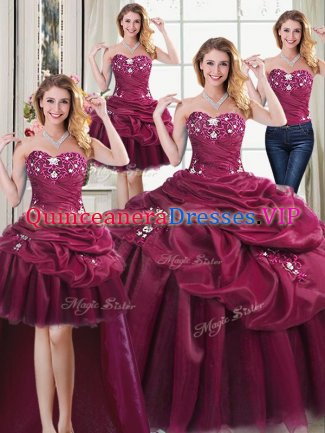 High End Four Piece Sweetheart Sleeveless Organza Ball Gown Prom Dress Beading and Appliques and Pick Ups Lace Up