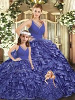 Decent Lavender V-neck Neckline Ruffles 15 Quinceanera Dress Sleeveless Backless