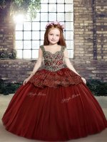 Ball Gowns Little Girls Pageant Dress Red Straps Tulle Sleeveless Floor Length Lace Up