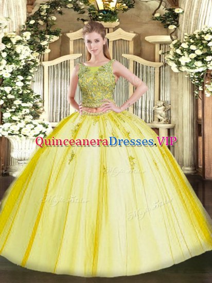 Decent Beading and Appliques Quinceanera Dresses Yellow Lace Up Sleeveless Floor Length - Click Image to Close