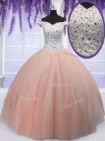 Hot Selling Off The Shoulder Short Sleeves Quince Ball Gowns Floor Length Beading Peach Tulle