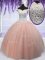 Hot Selling Off The Shoulder Short Sleeves Quince Ball Gowns Floor Length Beading Peach Tulle