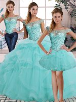 Off The Shoulder Sleeveless Lace Up Sweet 16 Quinceanera Dress Aqua Blue Tulle