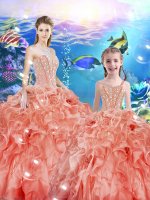 Watermelon Red Ball Gowns Sweetheart Sleeveless Organza Floor Length Lace Up Beading and Ruffles Sweet 16 Quinceanera Dress