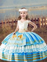 Off The Shoulder Sleeveless High School Pageant Dress Floor Length Embroidery Baby Blue Satin