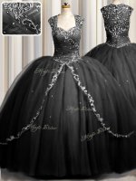 Zipple Up Sweetheart Cap Sleeves Quinceanera Gown Brush Train Beading and Appliques Black Tulle