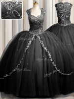 Zipple Up Sweetheart Cap Sleeves Quinceanera Gown Brush Train Beading and Appliques Black Tulle(SKU PSSW0598-10BIZ)