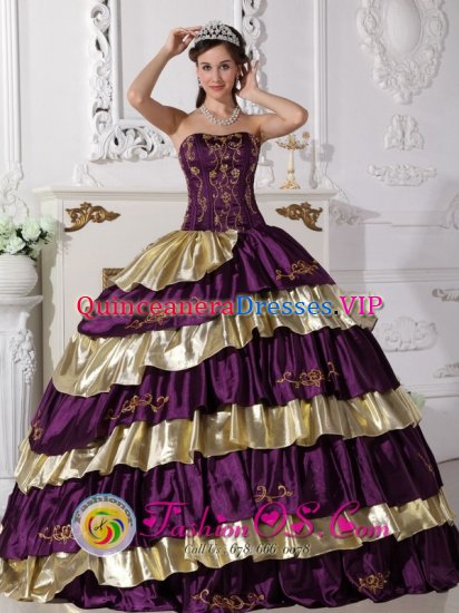 Beautiful Embroidery Decorate Purple and Gold Quinceanera Dress With Floor length Taffeta in Richardson Texas/TX - Click Image to Close