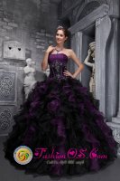 Draveil France Strapless Appliques and Decorate Bodice Ruffles Taffeta and Organza Exclusive Drak Purple and Black Quinceanera Dresses