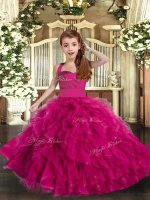 Fuchsia Tulle Lace Up Straps Sleeveless Floor Length Pageant Gowns For Girls Ruffles