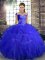 Affordable Off The Shoulder Sleeveless Quince Ball Gowns Floor Length Beading and Ruffles Royal Blue Tulle